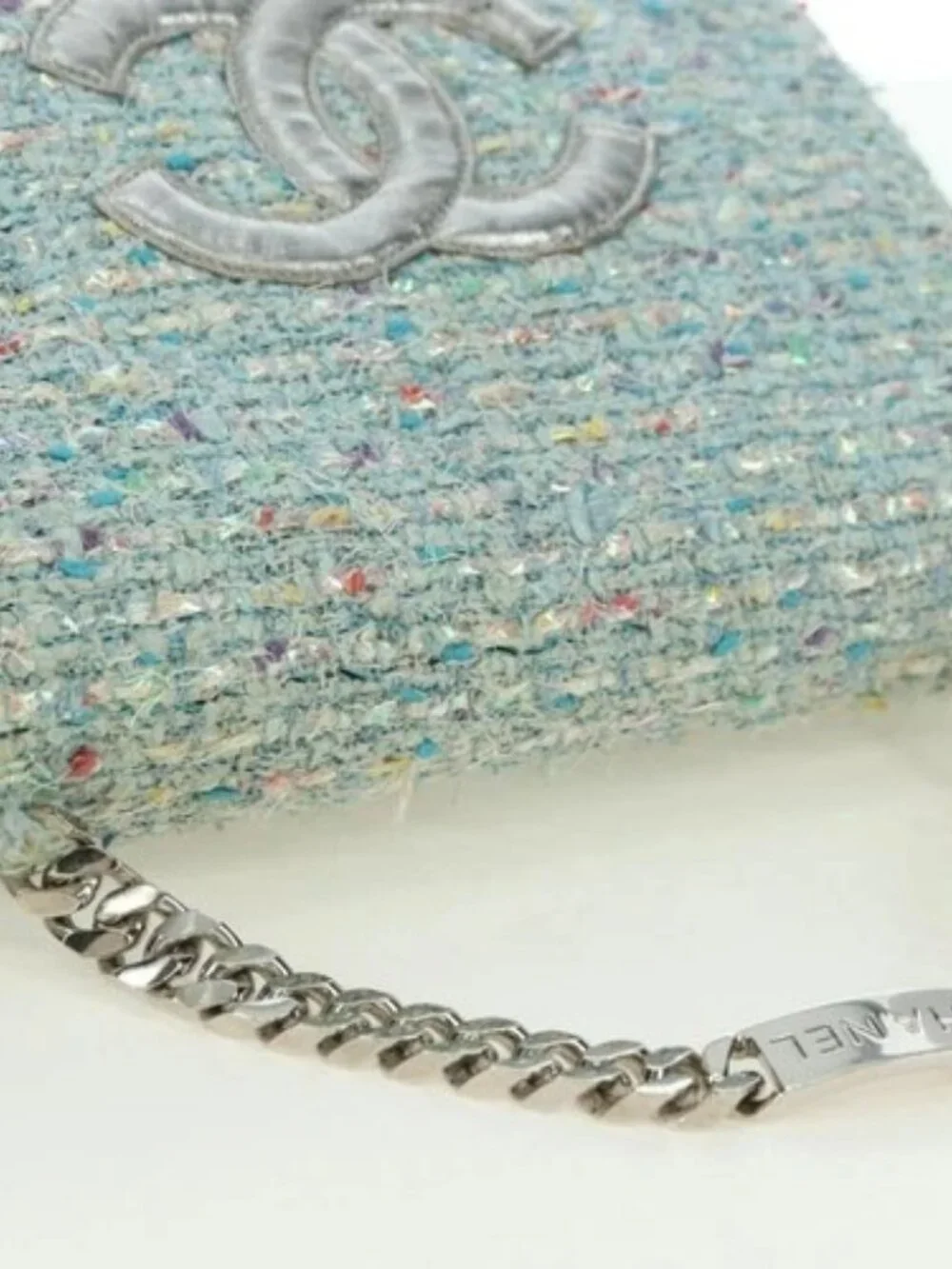 CHANEL Chain Hand Bag Tweed Light Blue Silver CC Auth 177972SV